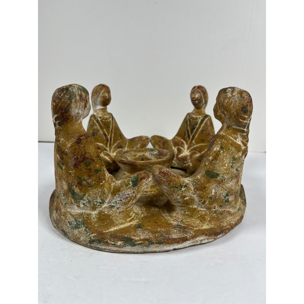 Vintage Mexican Folk Art Circle of Friends Clay Sculpture Candle Holder 8 inch